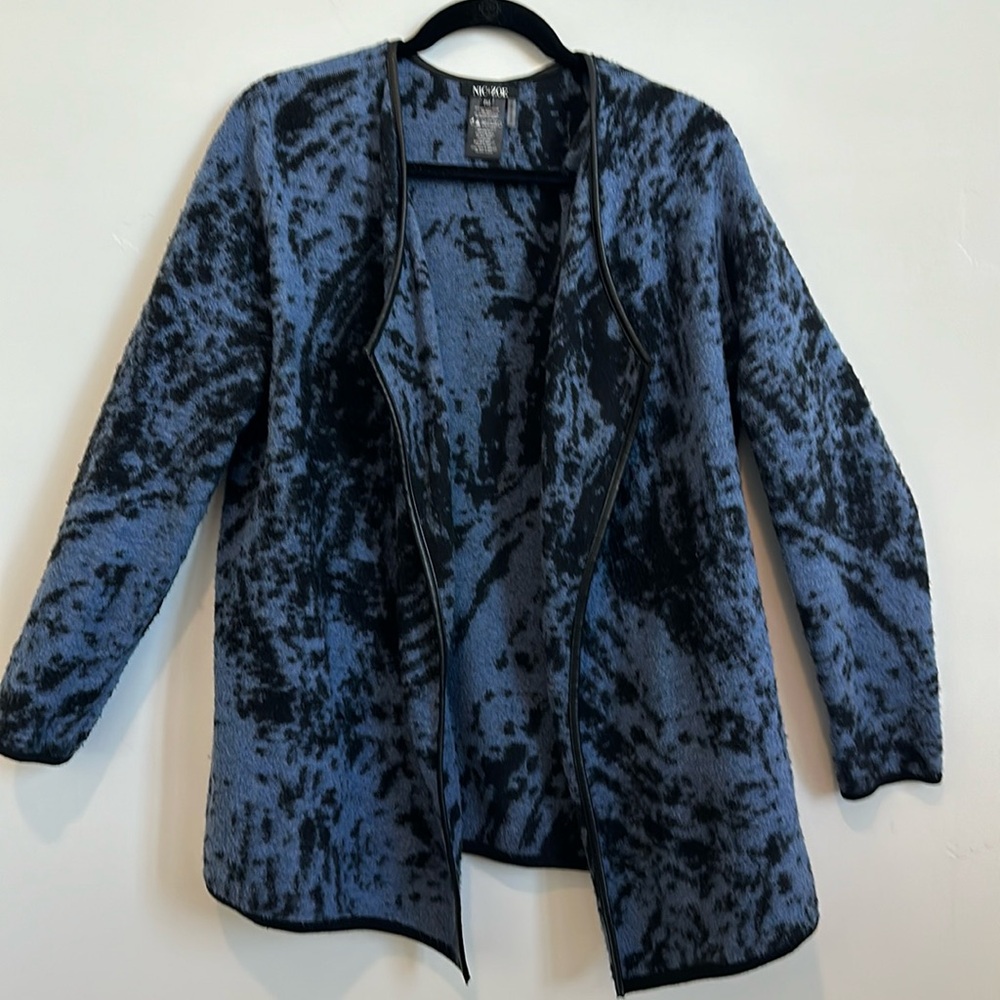 Nic + Zoe Fleece Cardigan, Slate Blue w/Black Animal Print, Size Petite Medium